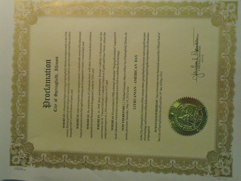 City of Springfield Proclamation of Lithuanian - American Day