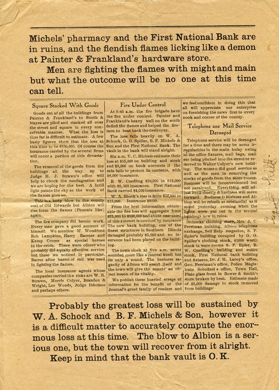 Albion Journal Newspaper article, "Albion Burns!: Most Destructive Fire in History of the Town Breaks out Early Friday Morning and Consumes Business Portion."