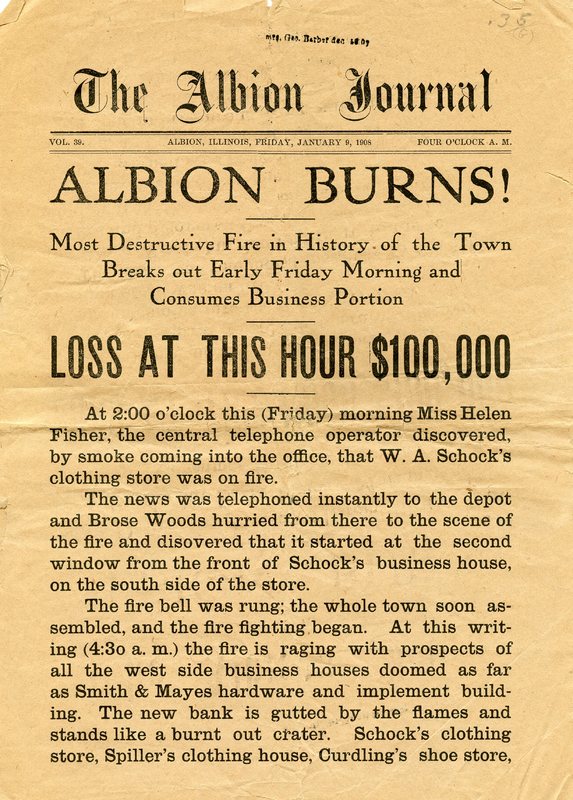 Albion Journal Newspaper article, "Albion Burns!: Most Destructive Fire in History of the Town Breaks out Early Friday Morning and Consumes Business Portion."